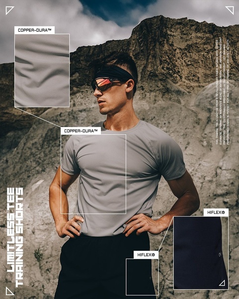 A high-contrast, rugged outdoor aesthetic ad showcasing the technical fabric benefits of a training tee and shorts set.
